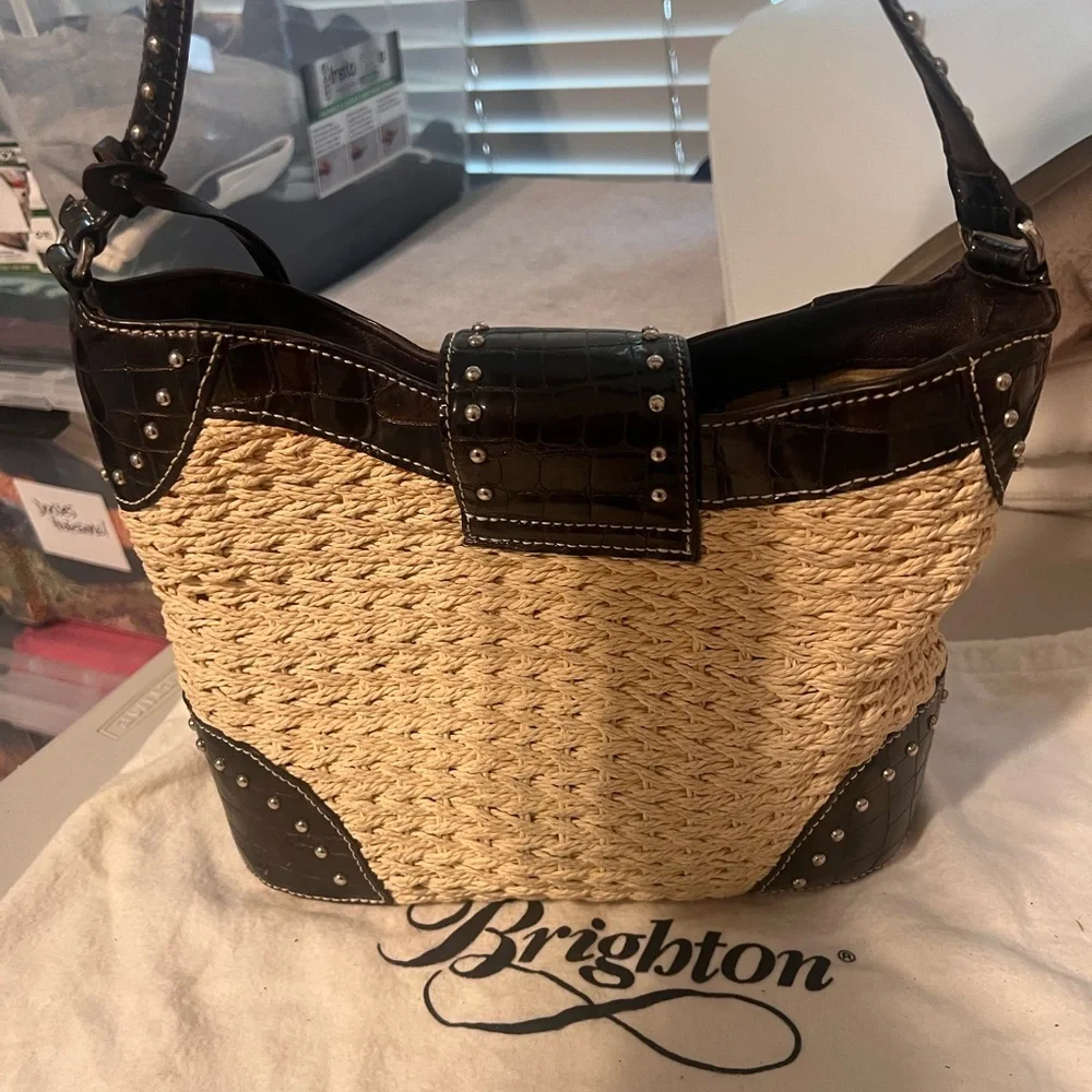 Brighton Raffia and Croc Embossed Studded Shoulder Bag